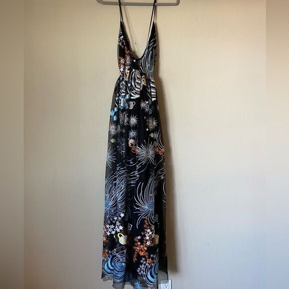 L'atiste Rare Galaxy Maxi Black Dress Sheer Embroidered Size S - Picture 6 of 11